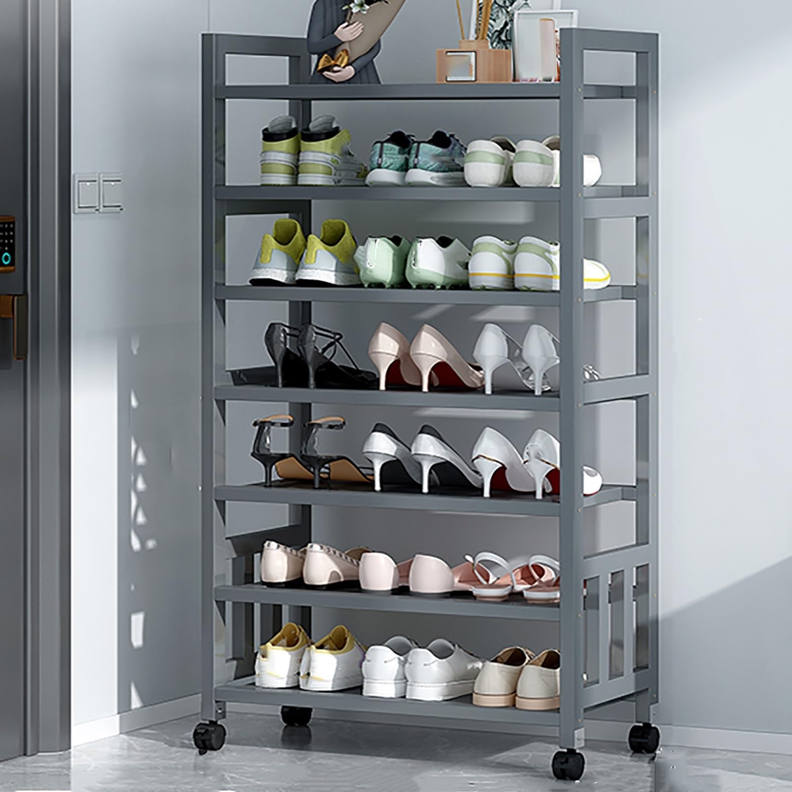 Étagère à chaussures d'entrée sur pied avec roulettes, étagère à chaussures d'entrée de grande capacité, étagère à chaussures DIY à forte capacité de charge, adaptée aux entrées, balcons, etc. ( Color