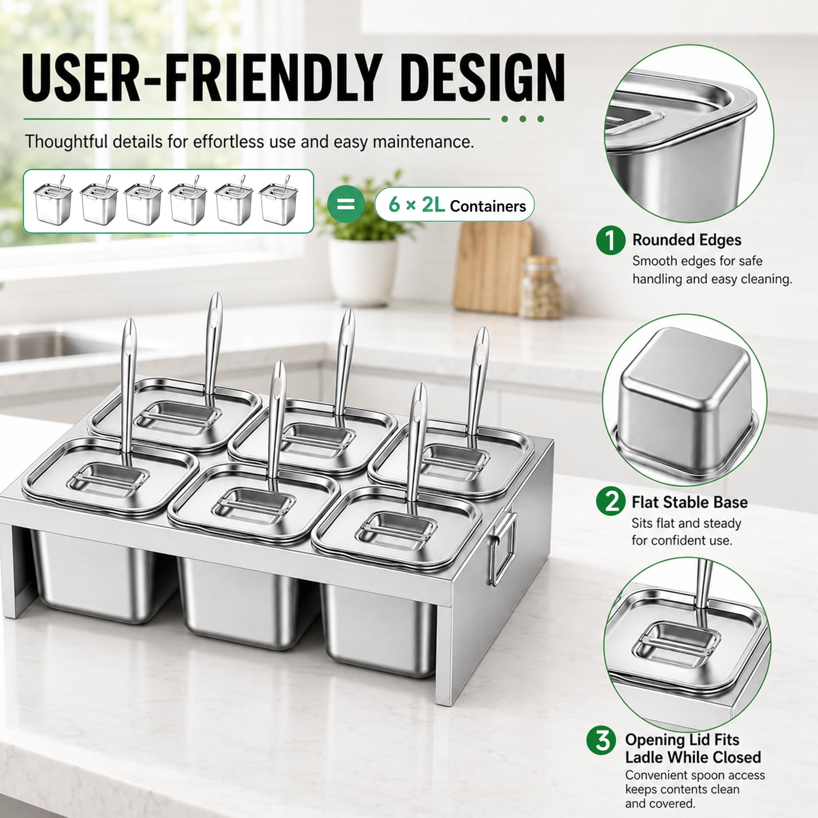 Contenitore Acciaio Inox per Alimenti 6 Pezzi da 2 L con Coperchi e Cucchiai – Cassetta Lievitazione Pizza per Condimenti, Salse e Verdure – Ideale per Cucina, Ristorante, Catering e Uso Outdoor