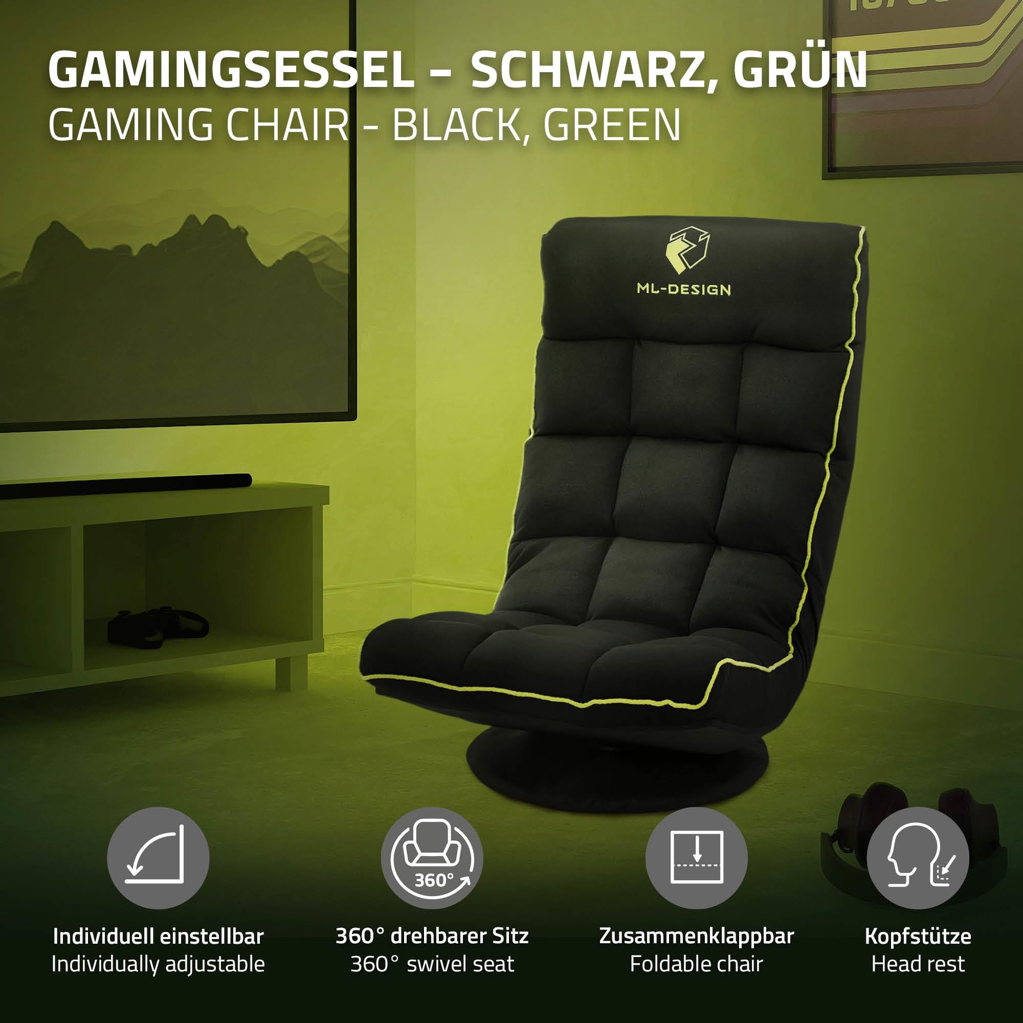ML-Design Fauteuil de Sol Gaming Noir-Vert, Pivotant 360°, Modèle de Jeu Pliable avec Appui-Tête, Dossier Réglable et Rembourré, Siège Multi-Positions Relaxant, Confort pour Lounge Salon ou Chambre