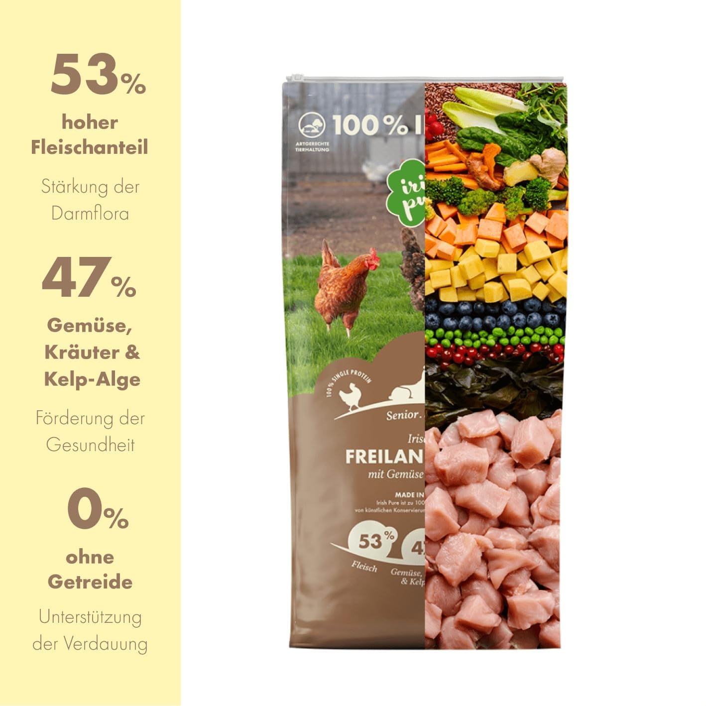 Irish Pure Sucha karma dla seniorów, 12 kg, kurczak z algami kelp i warzywami, wysoka zawartość mięsa, bez zbóż, wrażliwa, sucha karma dla psów