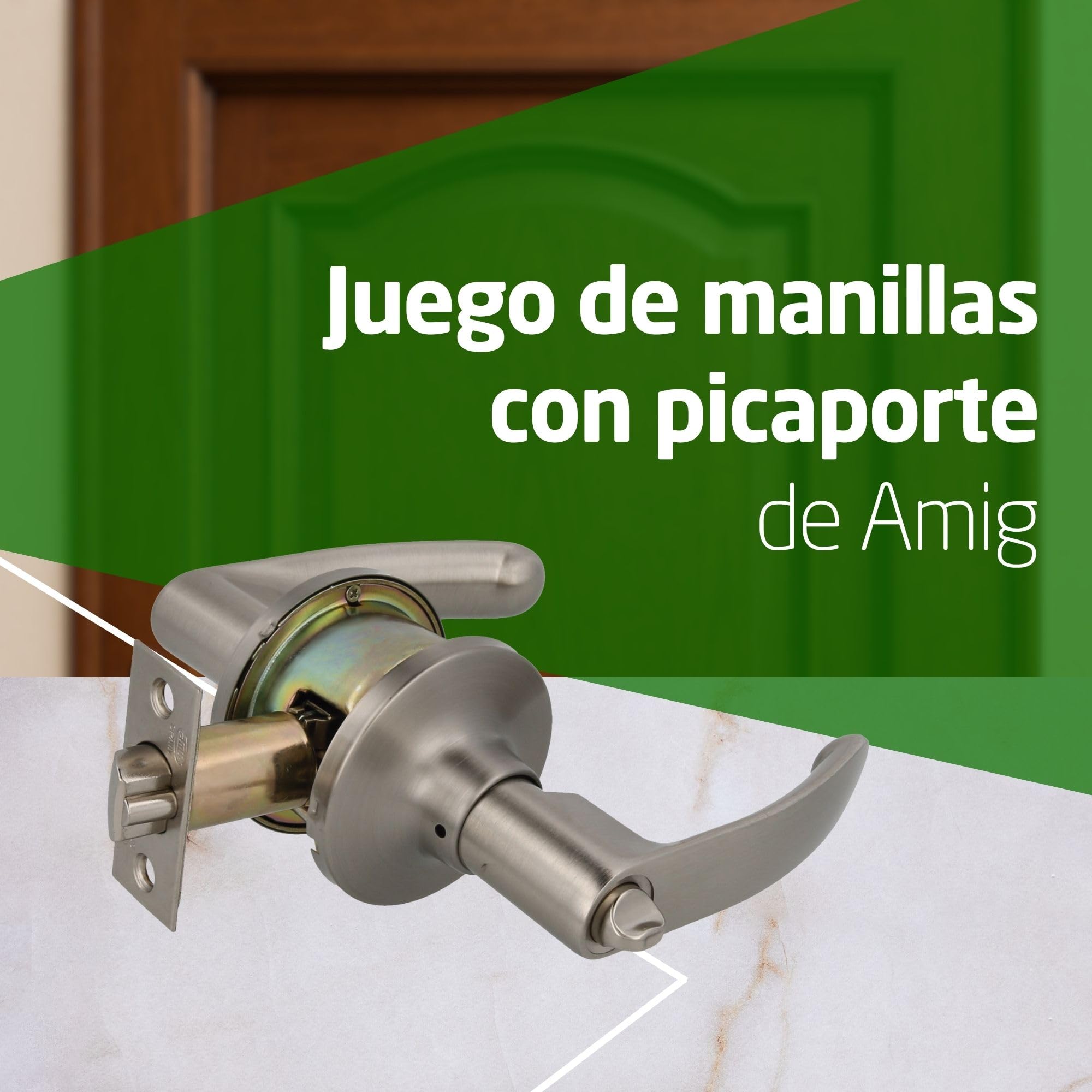 Amig - Juego de 2 Manillas de entrada con Picaporte - Con Llave Exterior y Condena Interior - Sistema Antitarjeta - Latón - Cromado mate - Picaporte de entrada de 60/70mm