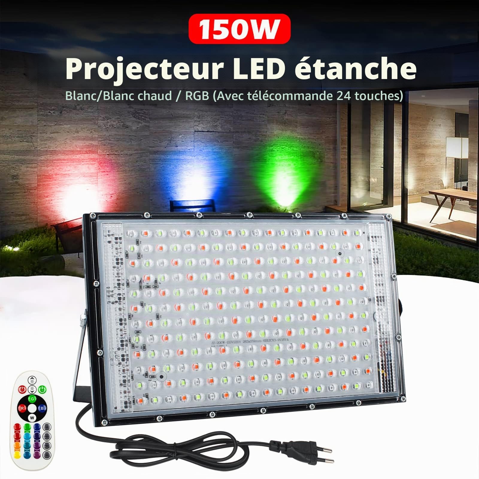 Projecteur LED RGB Exterieur 150W, 2pcs Projecteur Led Couleur Spot LED Extérieur de Jardin 16 Couleurs 4 Modes avec Télécommande Etanche IP65 pour Jardin Arbre Soirée Bar Fête