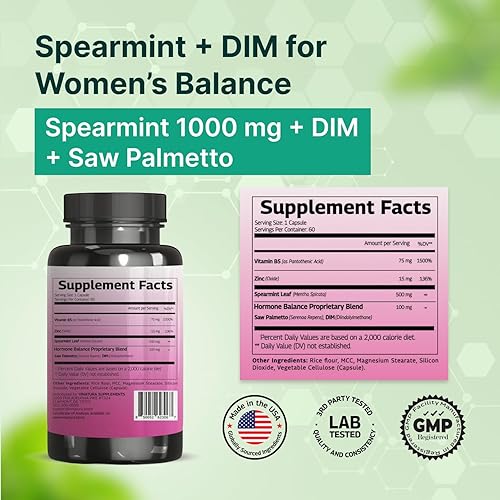 Vista 2 de VINATURA Suplemento de cápsulas de hoja de menta verde – mejorado con DIM y Saw Palmetto, para cabello no deseado, salud y piel de las mujeres