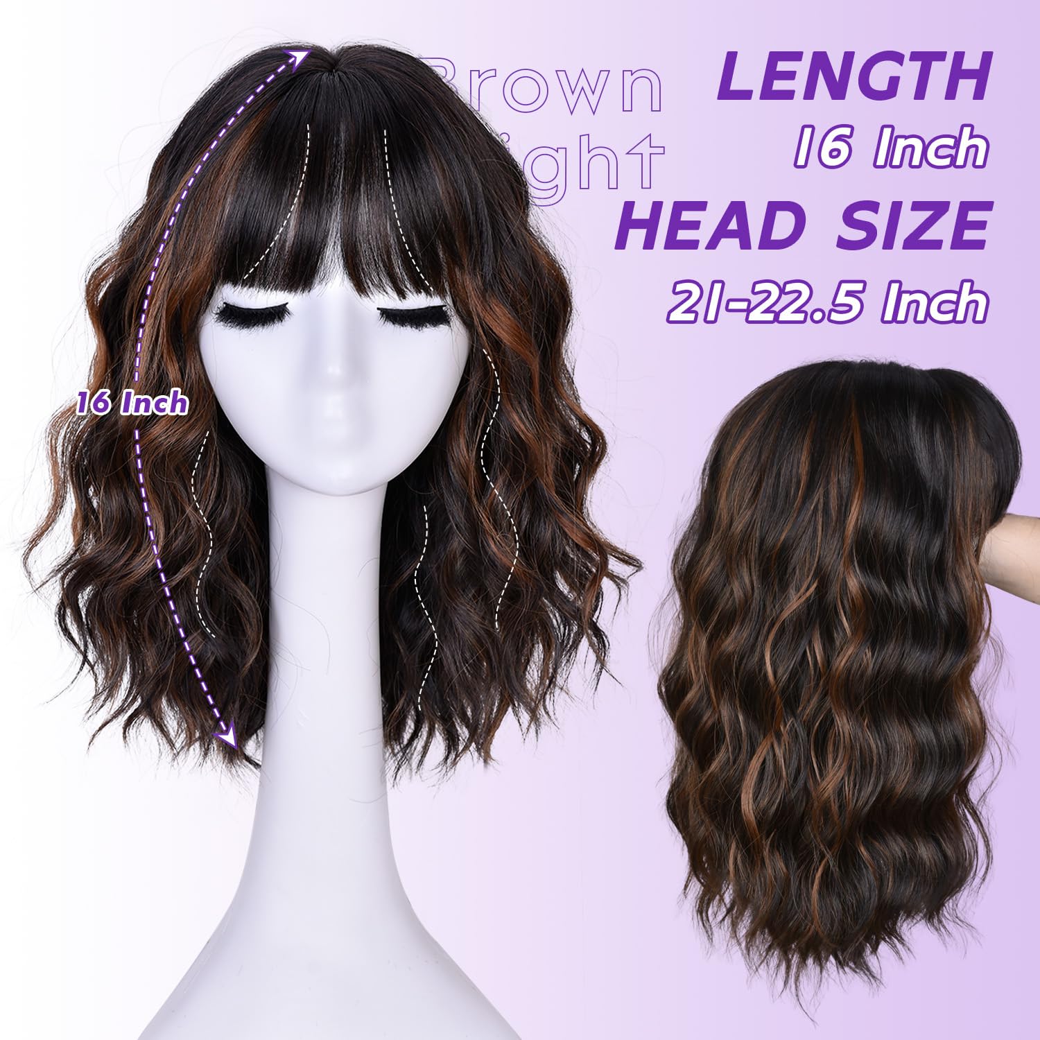 Short Wavy Wig with Bangs for Women Curly Wigs Natural Wavy Synthetic Wigs for Daily Party Cosplay(Brown Highlight)