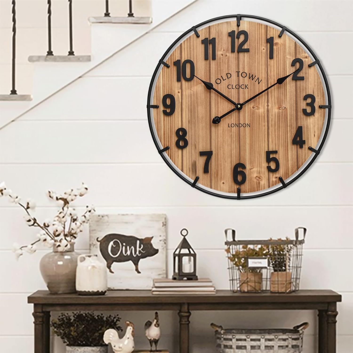 Large Old Town Farmhouse Wall Clock 24 Inch Rustic Antique Wood with Metal Circle and Large Numerals Silent Battery Operated Wall Clock for Office Kitchen Bedroom Living Room Brown 24 Inch