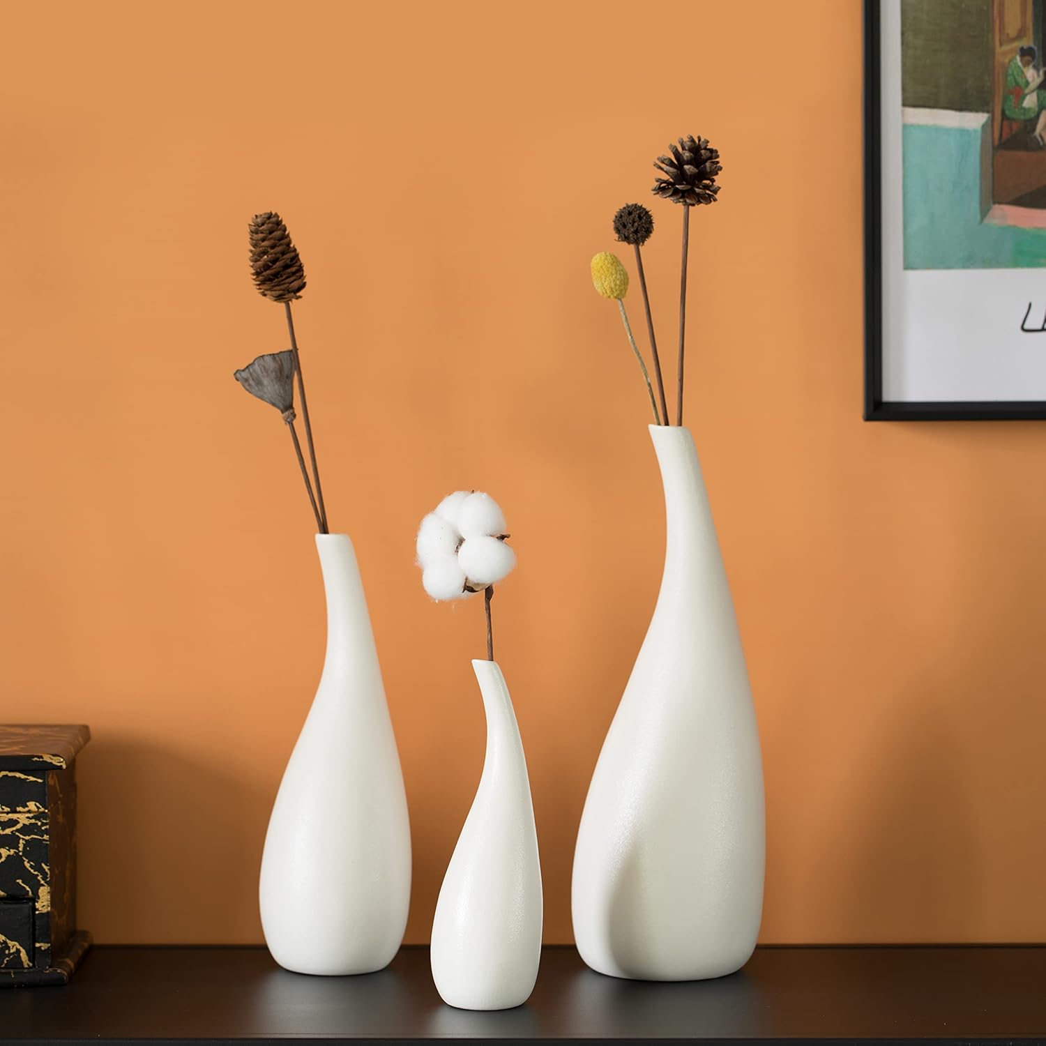Uniquewise Set of 3 White Ceramic Water Drop Vase - Modern Teardrop Shape for Home Decor - Perfect for Floating Shelves, TV Stands, Desks, Bookshelves, Side Tables, Countertops and Contemporary Spaces