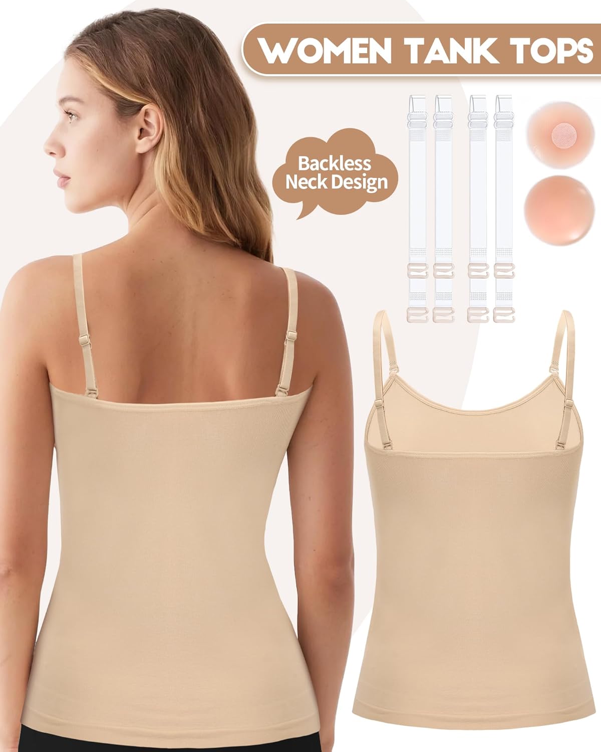 iMucci Camisole Tops for Women Double Lined Spaghetti Strap Tank Top with Adjustable Nude and Clear Bra Straps Silicone Pads - Image 5