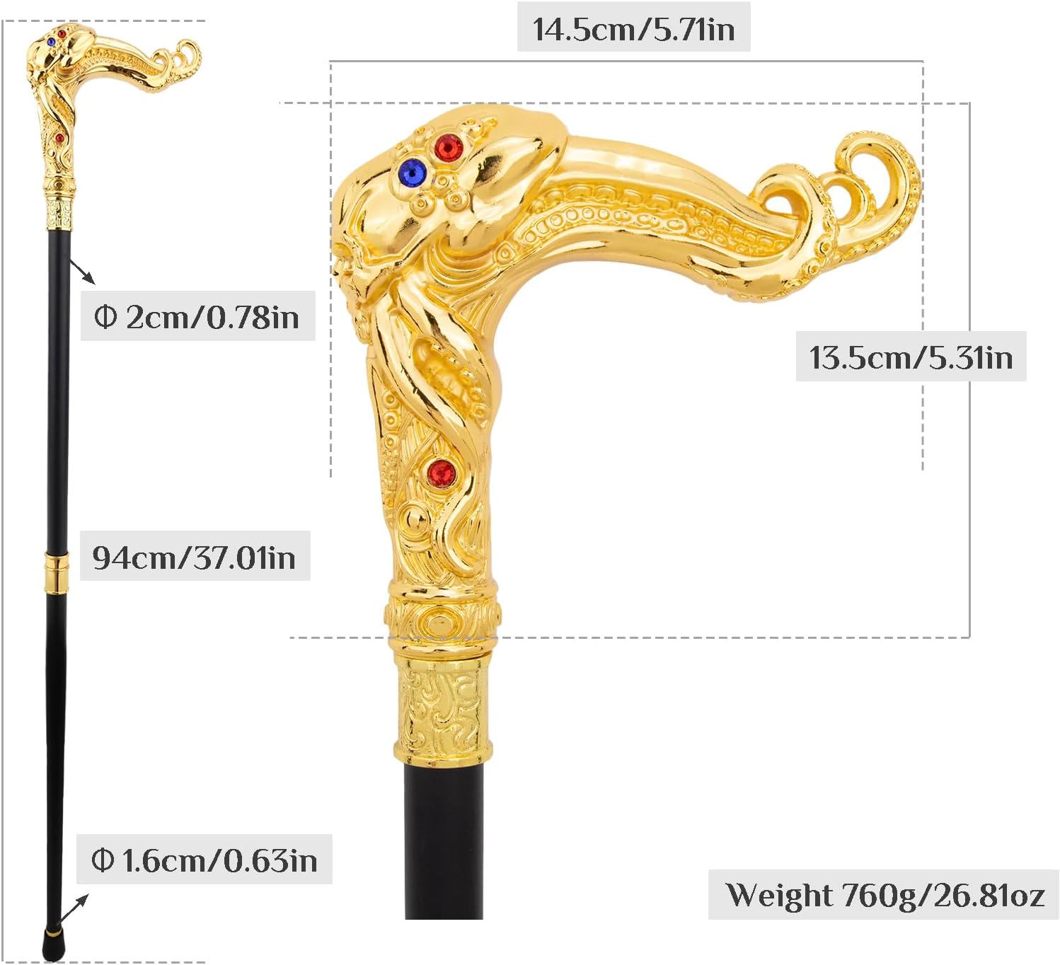 Yellow Skull Octopus Fish Squid Walking Cane Diamond Cane Decorative Stick Decorative Cosplay and Parties, for Cosplay & Party