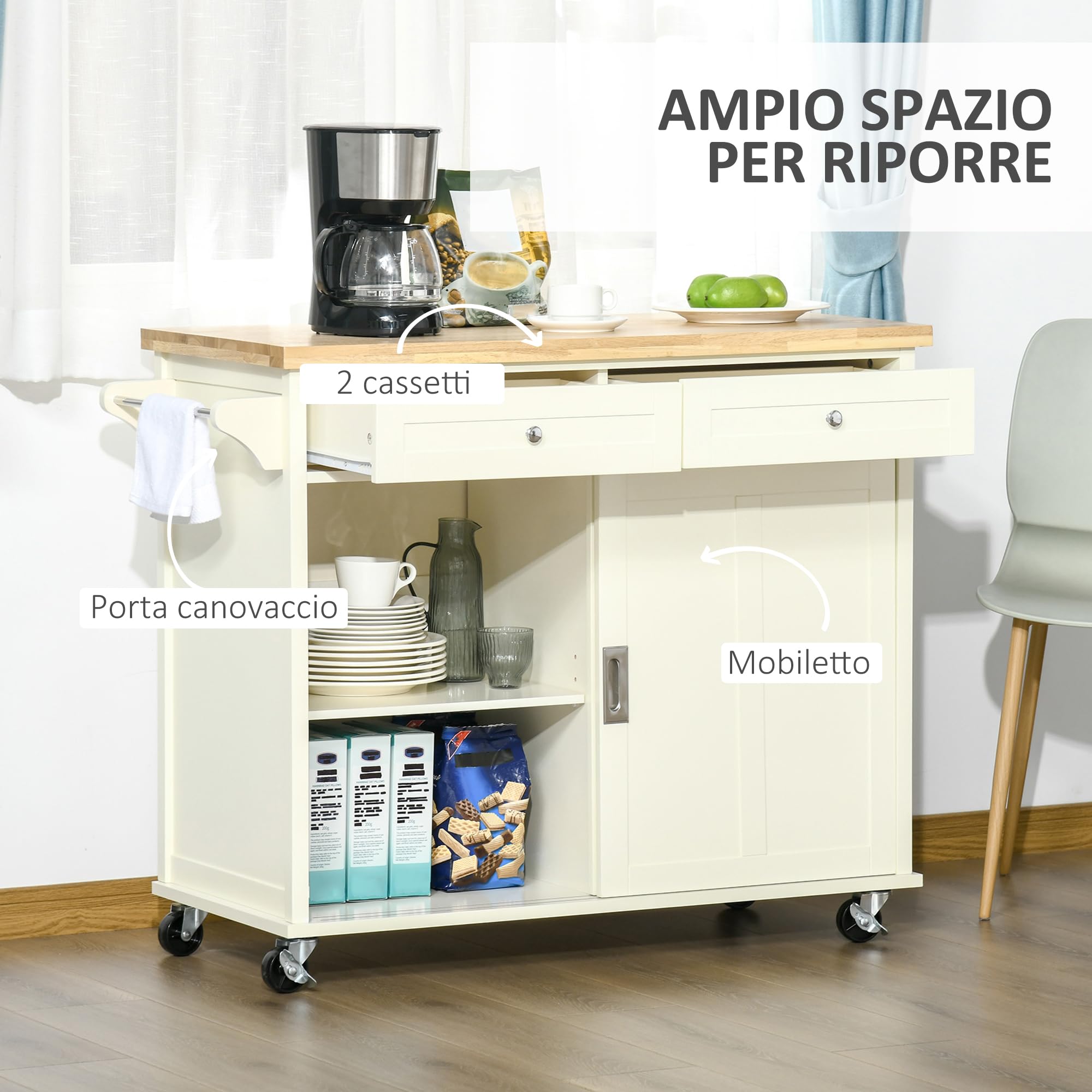 HOMCOM Isola per Cucina in Legno e MDF con Cassetti, Armadietto e Portasciugamani, Carrello da Cucina a 4 Ruote per Utensili, 110x49.5x89.5 cm, Bianco