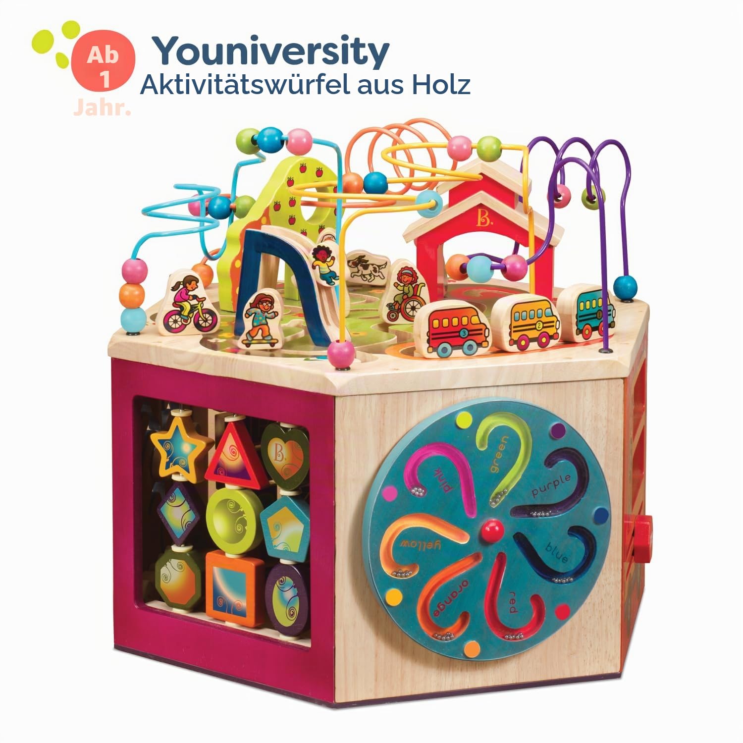 B. toys - Youniversity - Aktivitätswürfel - Activity Center aus Holz - Lernspielzeug für Kleinkinder, Kinder - Alphabet, Zahlen, Formen - 12 Monate +