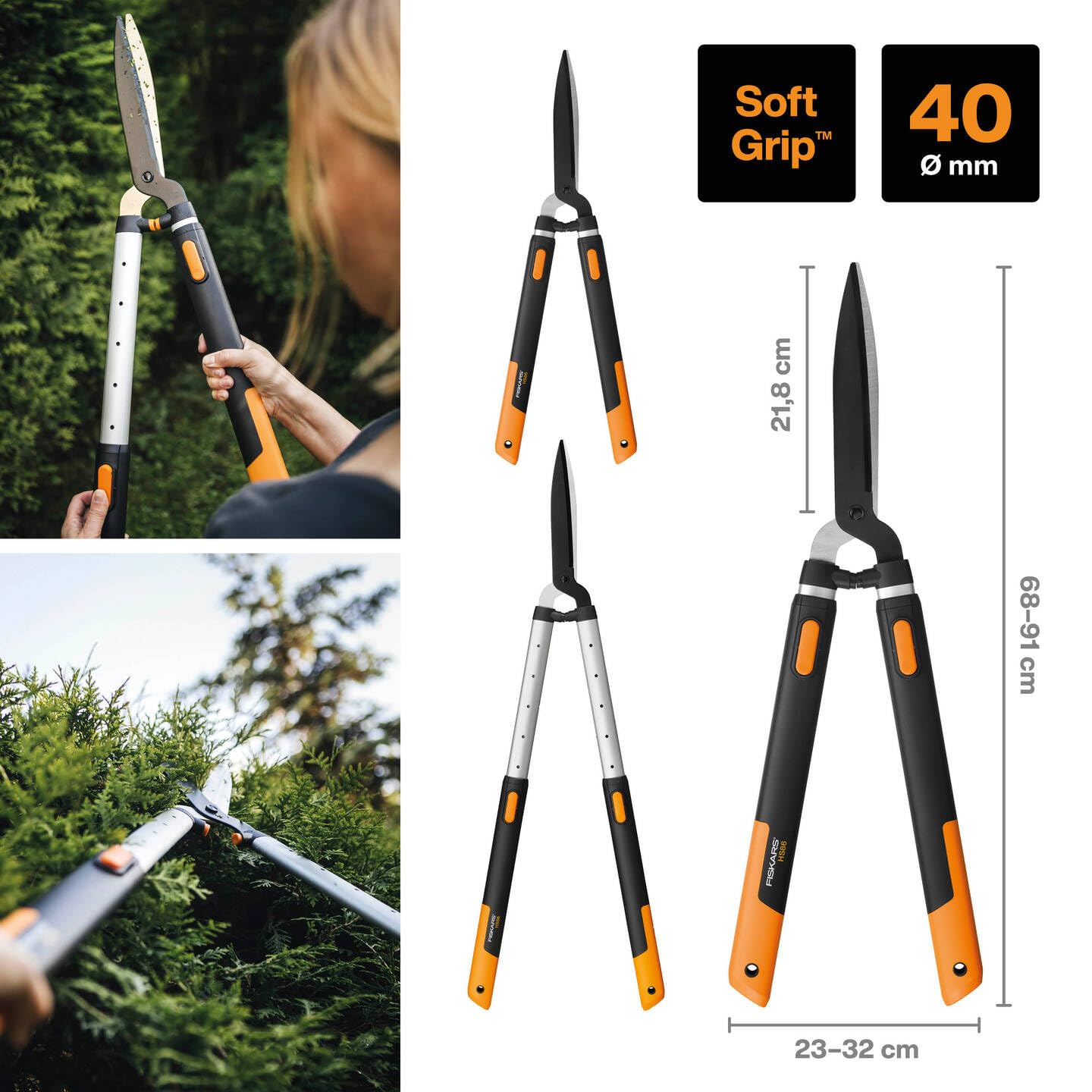 Fiskars SmartFit HS86 Cesoie telescopiche per siepi 68-93 cm Lama acciaio rivestimento antiaderente Nero Arancione