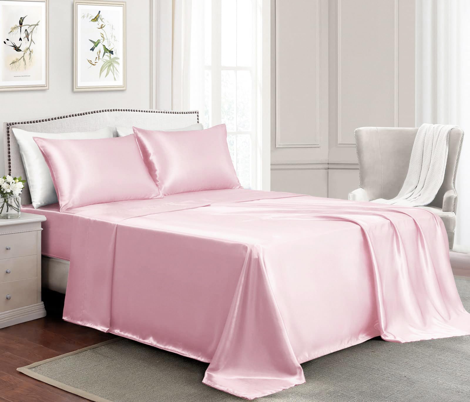 Satin Sheets Full Size - 4 Pieces Luxury Silky Soft Bed Sheets, Wrinkle-Free Light Pink Satin Silk Sheet Set with 1 Deep Pocket Fitted Sheet, 1 Flat Sheet, 2 Pillow Cases