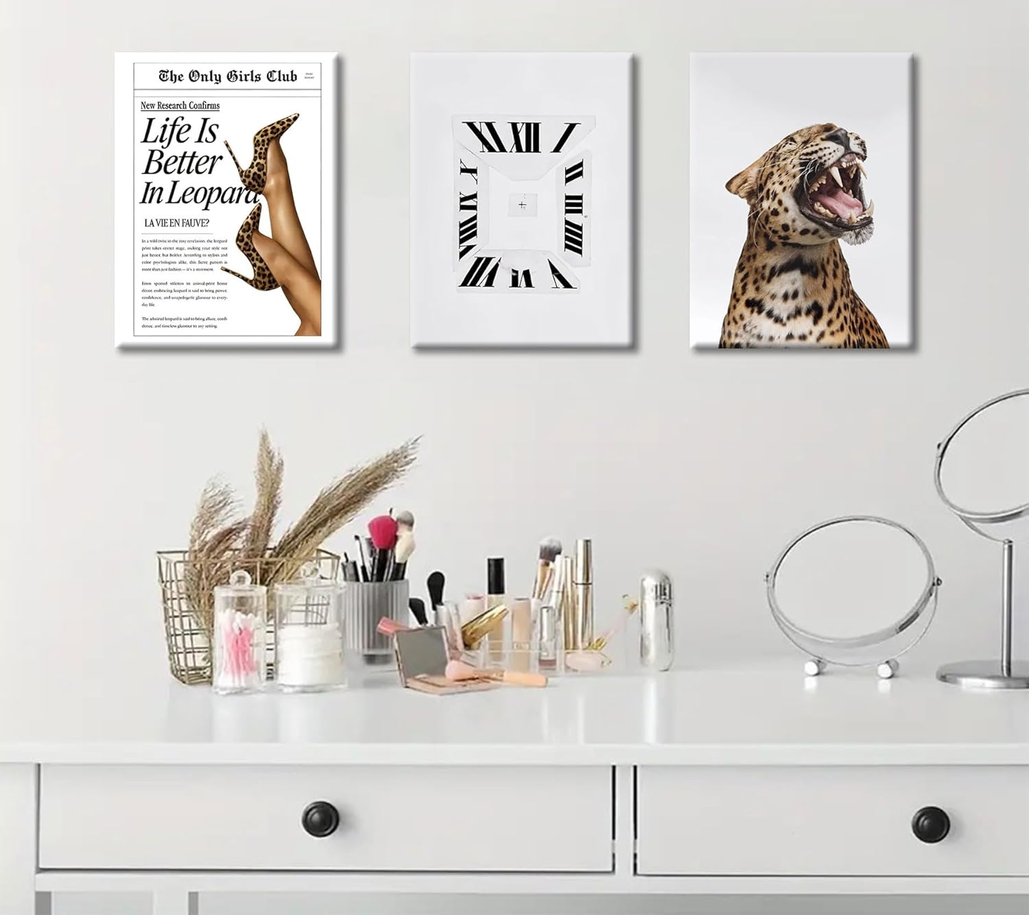 3Pcs Trendy Leopard Canvas Wall Art Vintage Newspaper Leopard Boots Paintings Pictures Fashion Preppy Wall Decor Abstract Clock Prints for Living Room Apartments Dorms Home Decoration 16x24in Framed