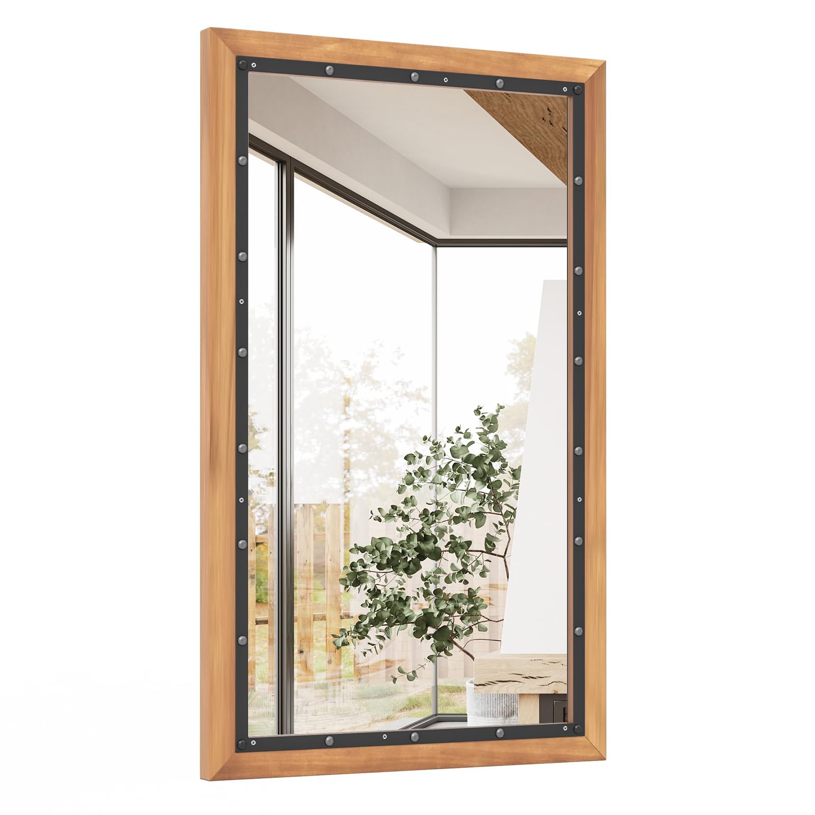 GOPLUS Lustro ścienne, dekoracyjne lustro z drewnianą ramą, prostokątne lustro, wiszące lustro do salonu, łazienki i korytarza, naturalne (55 x 90 cm)
