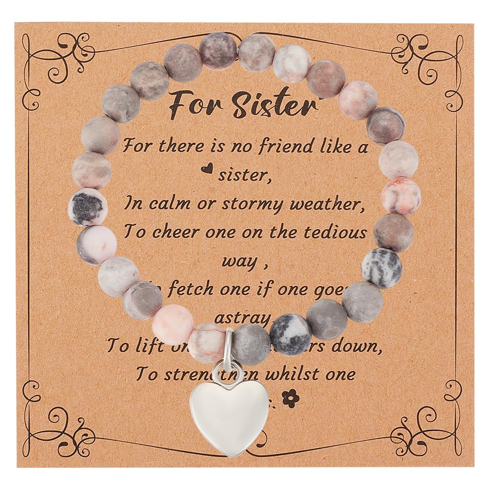 OLYCRAFTOLYCRAFT Natural Stones Bracelets with Silver Heart Charm Sister Bracelets with Card Natural Round Beaded Stretch Bracelet Gemstone Sister Gifts for Sister Best Friend Bestie - Pink