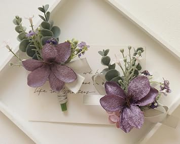 Purple Corsage and Boutonniere Set, Artificial Flower Wrist Corsage Bracelets, Homecoming Corsage Wristlet, Men Boutonniere for Wedding Flowers Accessories Prom Suit Decorations B