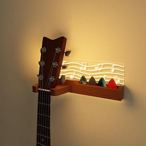 Miniatura 6 de Soporte de pared para guitarra con luces LED, accesorios de guitarra de madera maciza y acrílico alimentado por USB, regalo para hombres,