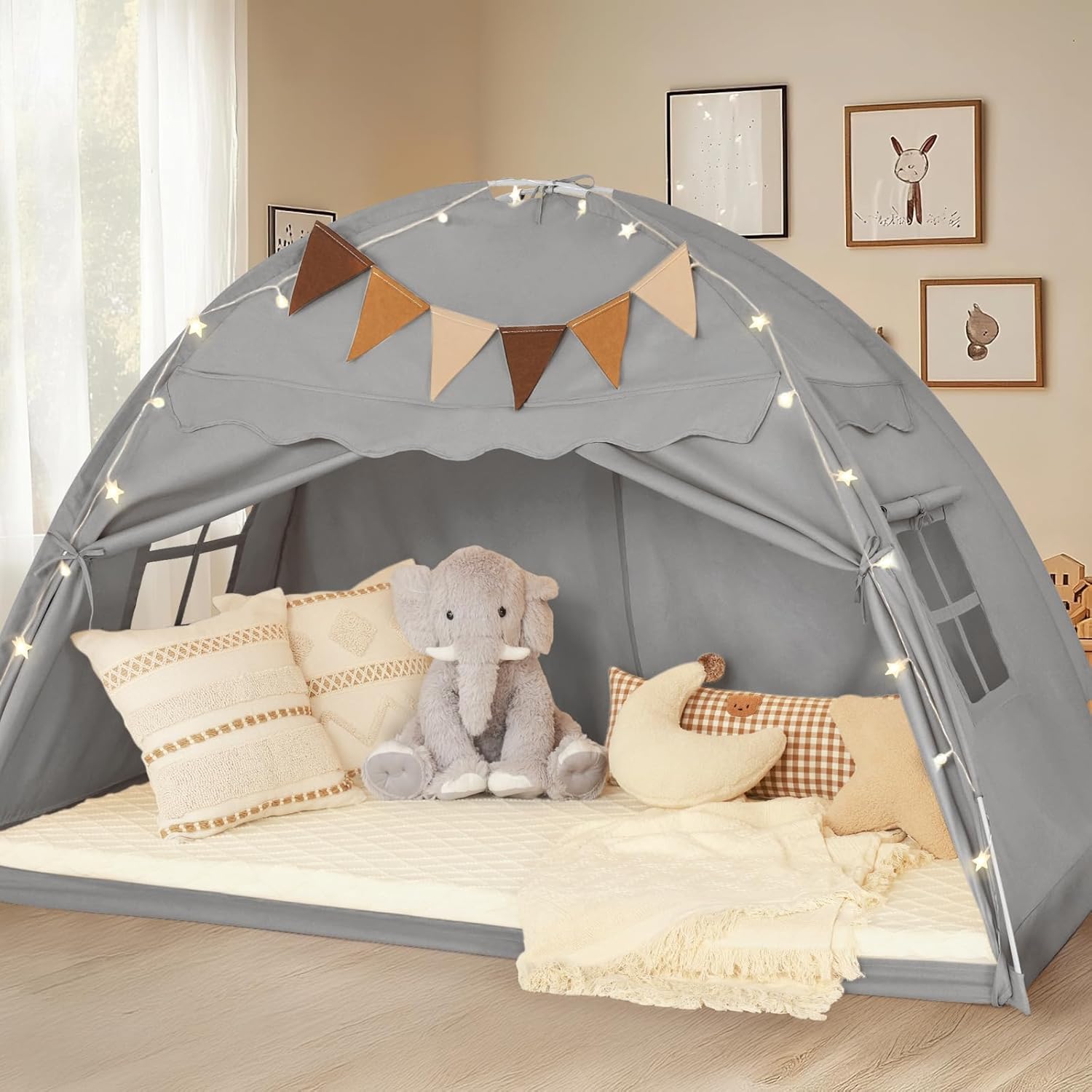 Twin Size Bed Tent Canopy, Kids Play Tent with Flags & Star Lights, Canopy on Bed Privacy Space Sleeping Blackout Tents, Grey Castle Style Twin Size (78.7 x 38.5 x 49.6 in) Grey Castle