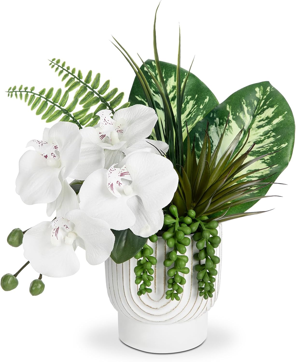 DILATATA White Orchids in Pot Fake Palm Flower Arrangement