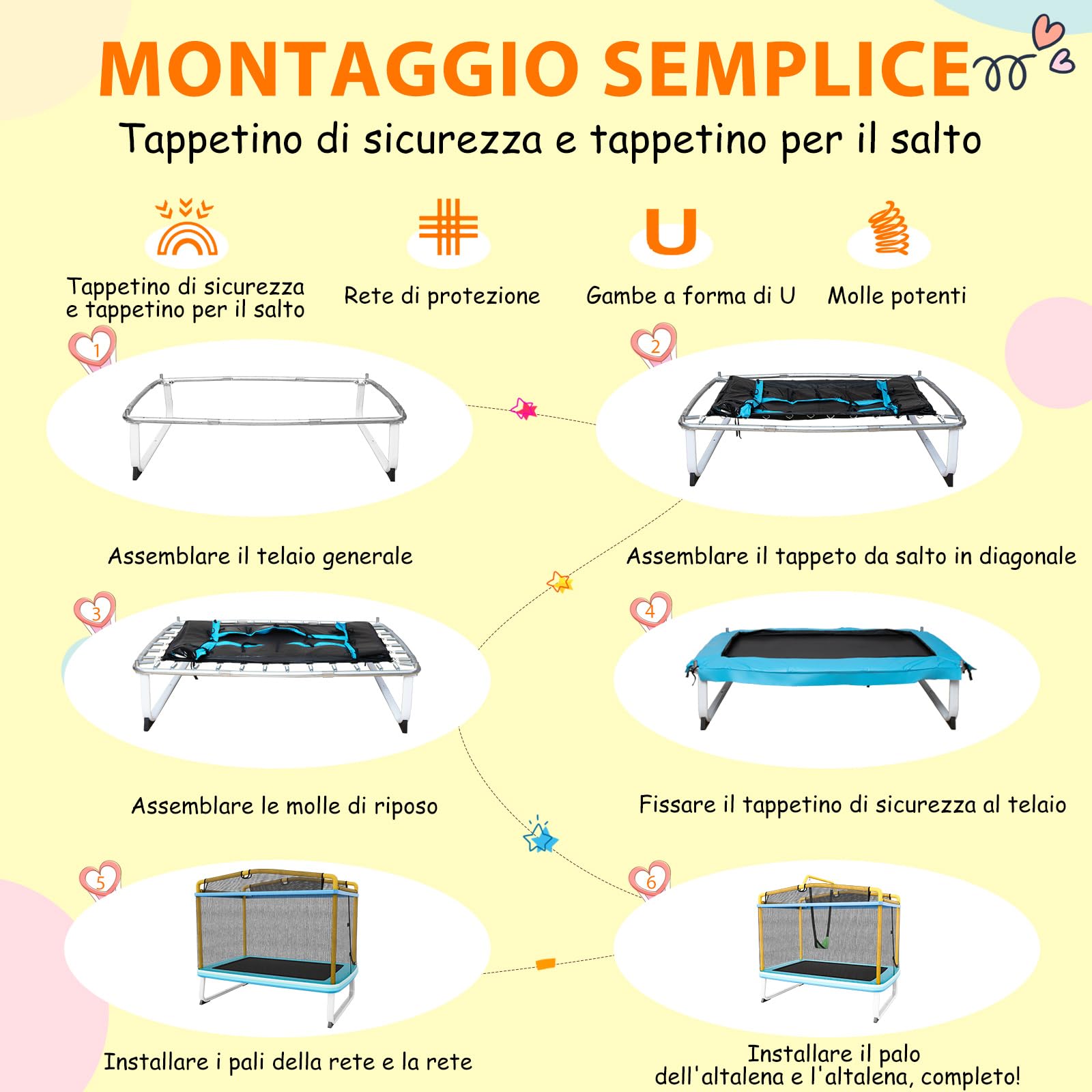 COSTWAY Trampolino Rettangolare per Bambini 3-in-1 190 x 124 cm, Tappetto Elastico per Bambini da Esterno ed Interno con Rete, Altalena, Barra, Copertura e Design senza Fessure