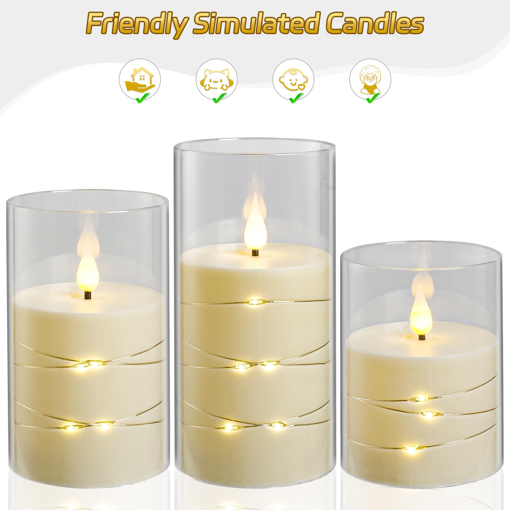 HIYAA Candele LED Senza Fiamma Con Luci Incorporate E Telecomando - Set Da 3 In Vera Cera (7,6x10/12/15 Cm), Luce Calda Con Timer