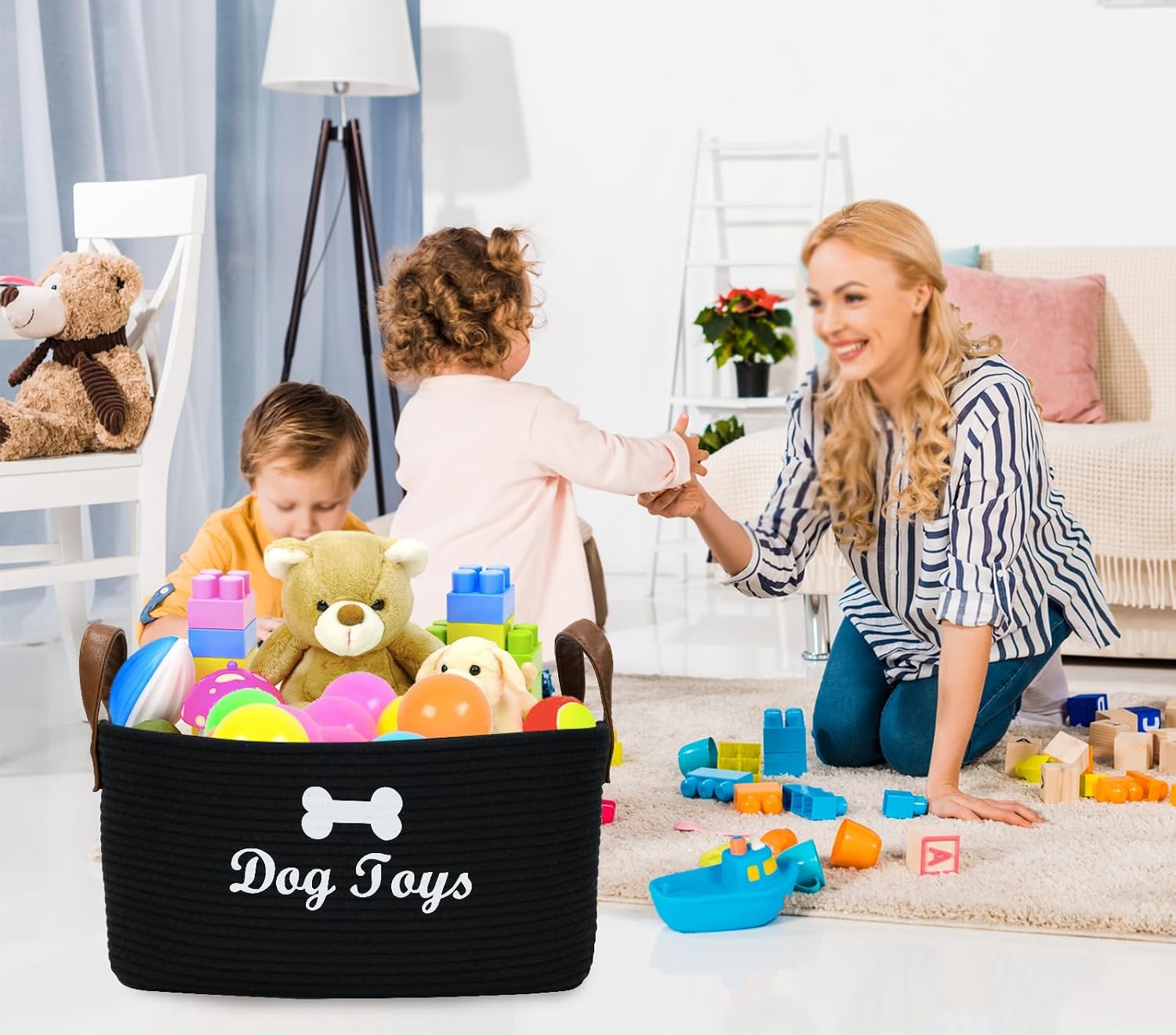 Large Cotton Rope Dog Toy Basket Storage,16.5"x10.6"x 7.5" Dog Toy bin,Puppy toy basket,-Perfect for organizing pet toys,blankets,leashes,pee- mats and diapers-Black