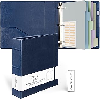 Ospelelf Vintage Hardcover 3 Ring 2 inch Leather Binder, Professional Binder Organizer Suitable for Letter Size, Binder Dividers with Tabs, Faux Dark Blue Brown Leather