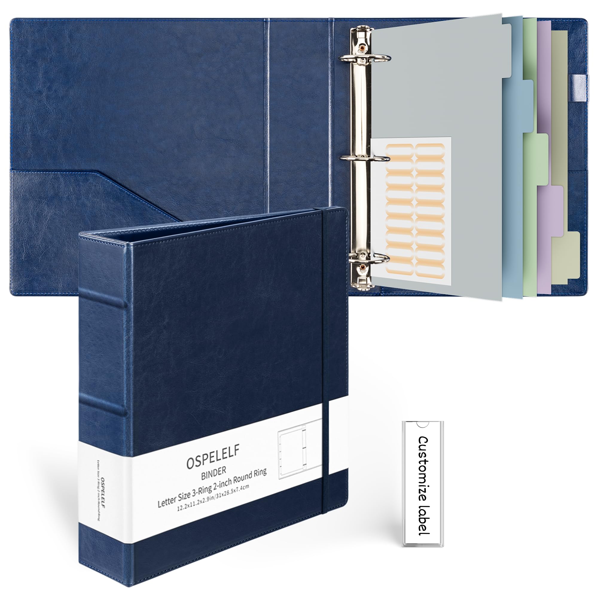 Ospelelf Vintage Hardcover 3 Ring 2 inch Leather Binder, Professional Binder Organizer Suitable for Letter Size, Binder Dividers with Tabs, Faux Dark Blue Brown Leather