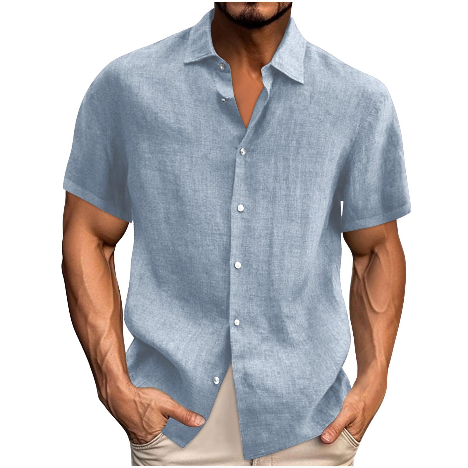 KeepinkLinen Shirts Men Short Sleeve Button Up Shirt Plain V Neck T Shirts Casual Summer Hawaiian Beach Tops with Pockets Work Business Dress Top Mens Blouses Wrinkle Free Sale