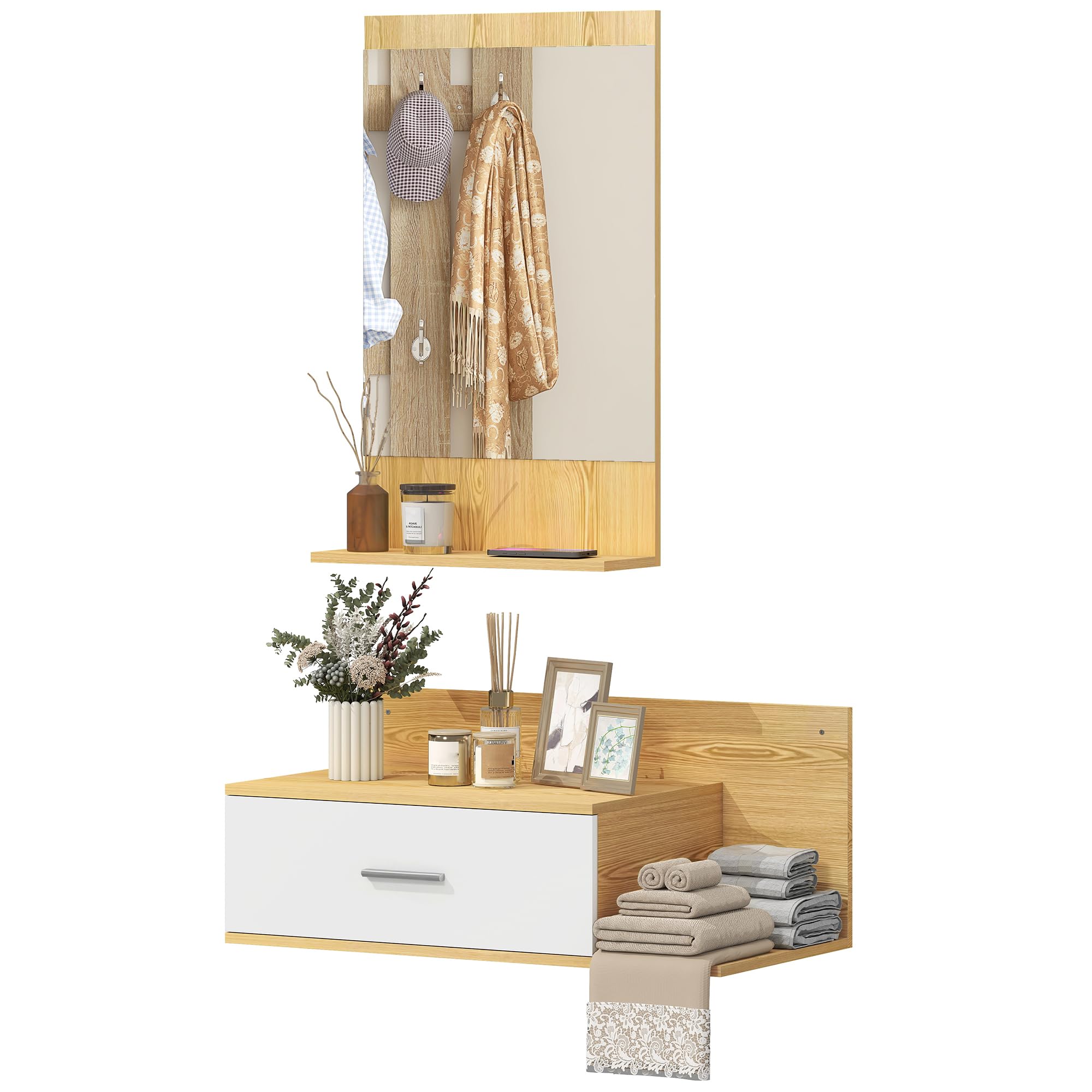 HOMCOM Set Mobili Ingresso con Specchio, Mobiletto a Parete con Cassetto e 2 Ripiani Aperti per Soggiorno, Camera da Letto, Ingresso, Legno Naturale