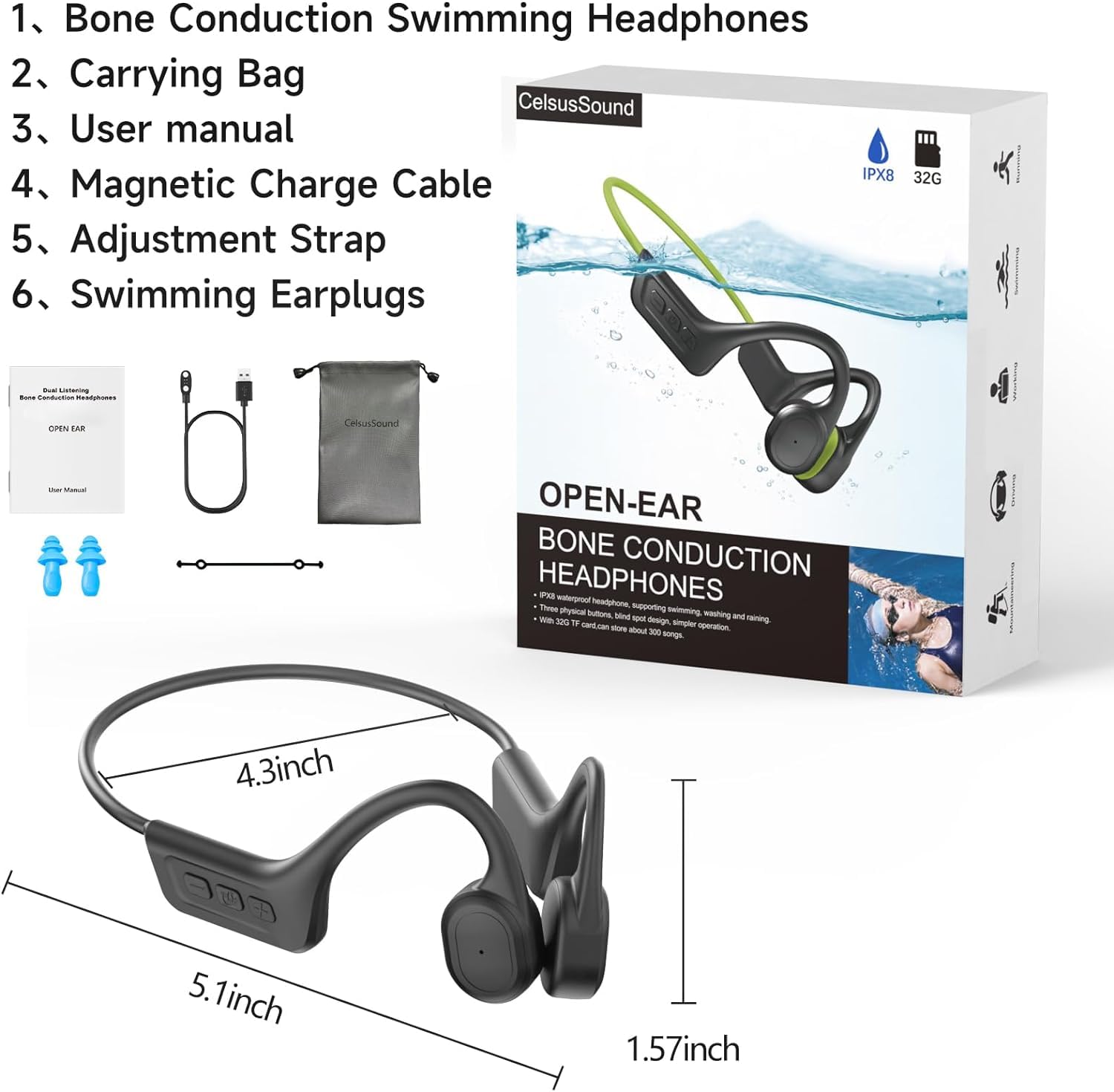 Cuffie a conduzione ossea, auricolari wireless impermeabili IPX7, auricolari aperti Bluetooth 5.3 con microfono, 10 ore di riproduzione per corsa, ciclismo, escursionismo, palestra,