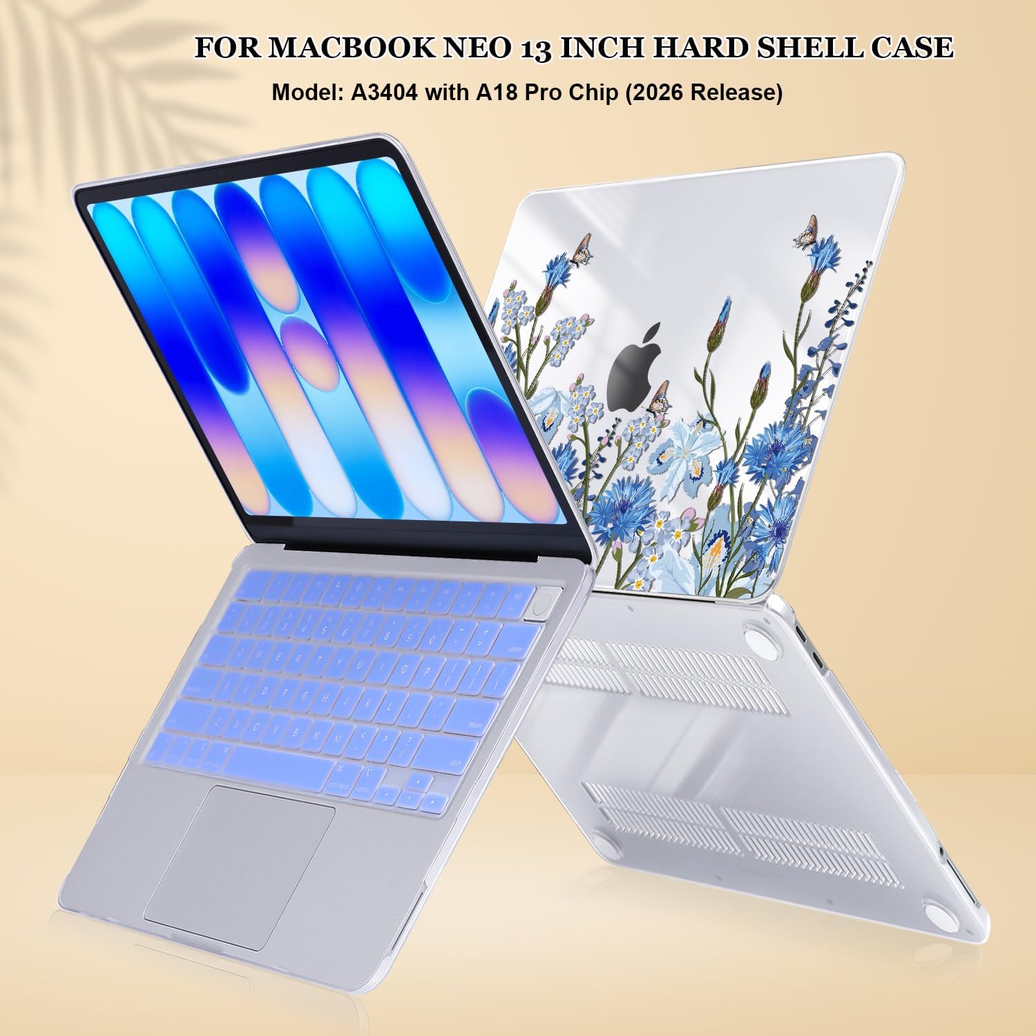 Compatible with MacBook Neo 13 inch Case 2026 (Model A3404), Printed Pattern Hard Shell Laptop Case with Keyboard Cover & Screen Film, Slim Plastic Protective Cover, Tropical Blue Flowers
