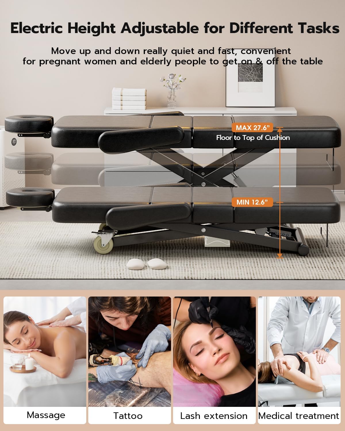 SyyBhb Fully Electric Massage Table Professional with Foot Pedal for Clients, Customized Angle Adjustable and Electric Lift 3 Motor, Heavy Duty Frame, Exam/Treatment/Spa/Tattoo/Facial, Black