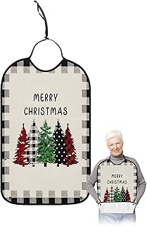 BOBOWUNY Christmas Tree Adult Bibs for Elder Women Men Eating, Vintage Black White Checkered Xmas Tree Waterproof & Washable Bibs for Eating Clothing Protector Dining Bibs for Crumb Catcher