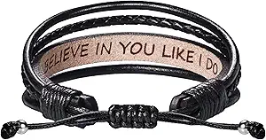 Leather Bracelets for Men Women Inspirational Gifts for Him Her Handmade Black Braided Motivational Birthday Gift for Boyfriend Husband Dad Anniversary Christmas Mens Stocking Stuffers