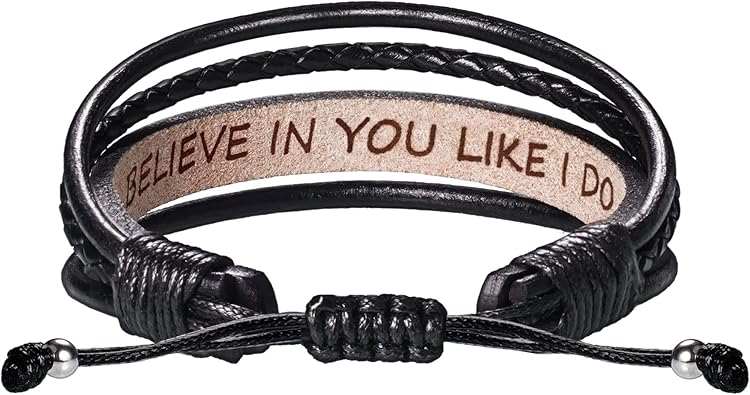 Leather Bracelets for Men Women Inspirational Gifts for Him Her Handmade Black Braided Motivational Birthday Gift for Boyfriend Husband Dad Anniversary Christmas Mens Stocking Stuffers