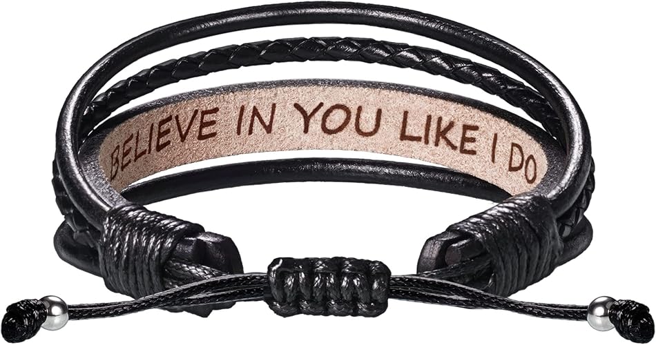 Leather Bracelets for Men Women Inspirational Gifts for Him Her Handmade Black Braided Motivational Birthday Gift for Boyfriend Husband Dad Anniversary Christmas Mens Stocking Stuffers