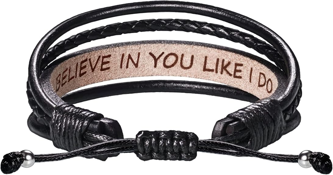 Leather Bracelets for Men Women Inspirational Gifts for Him Her Handmade Black Braided Motivational Birthday Gift for Boyfriend Husband Dad Anniversary Christmas Mens Stocking Stuffers