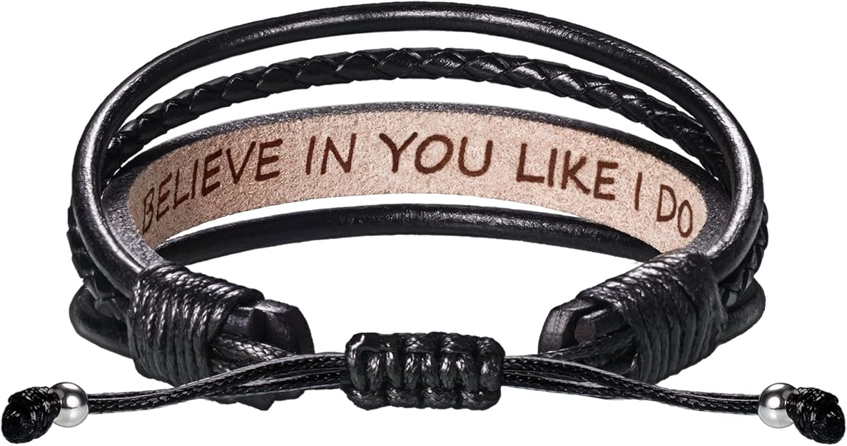 Leather Bracelets for Men Women Inspirational Gifts for Him Her Handmade Black Braided Motivational Birthday Gift for Boyfriend Husband Dad Anniversary Christmas Mens Stocking Stuffers
