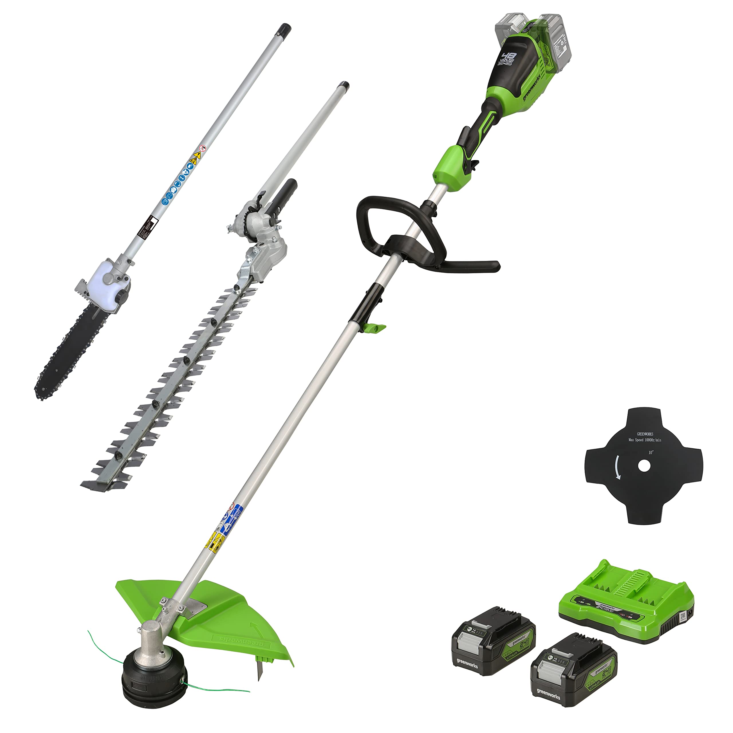 Greenworks Cortabordes Eléctrico y Desbrozadora 48V(2×24V) 40cm, Accesorio de Cortasetos, Motosierra Pértiga como Accesorio con 2 Baterías 4Ah y Cargador Doble