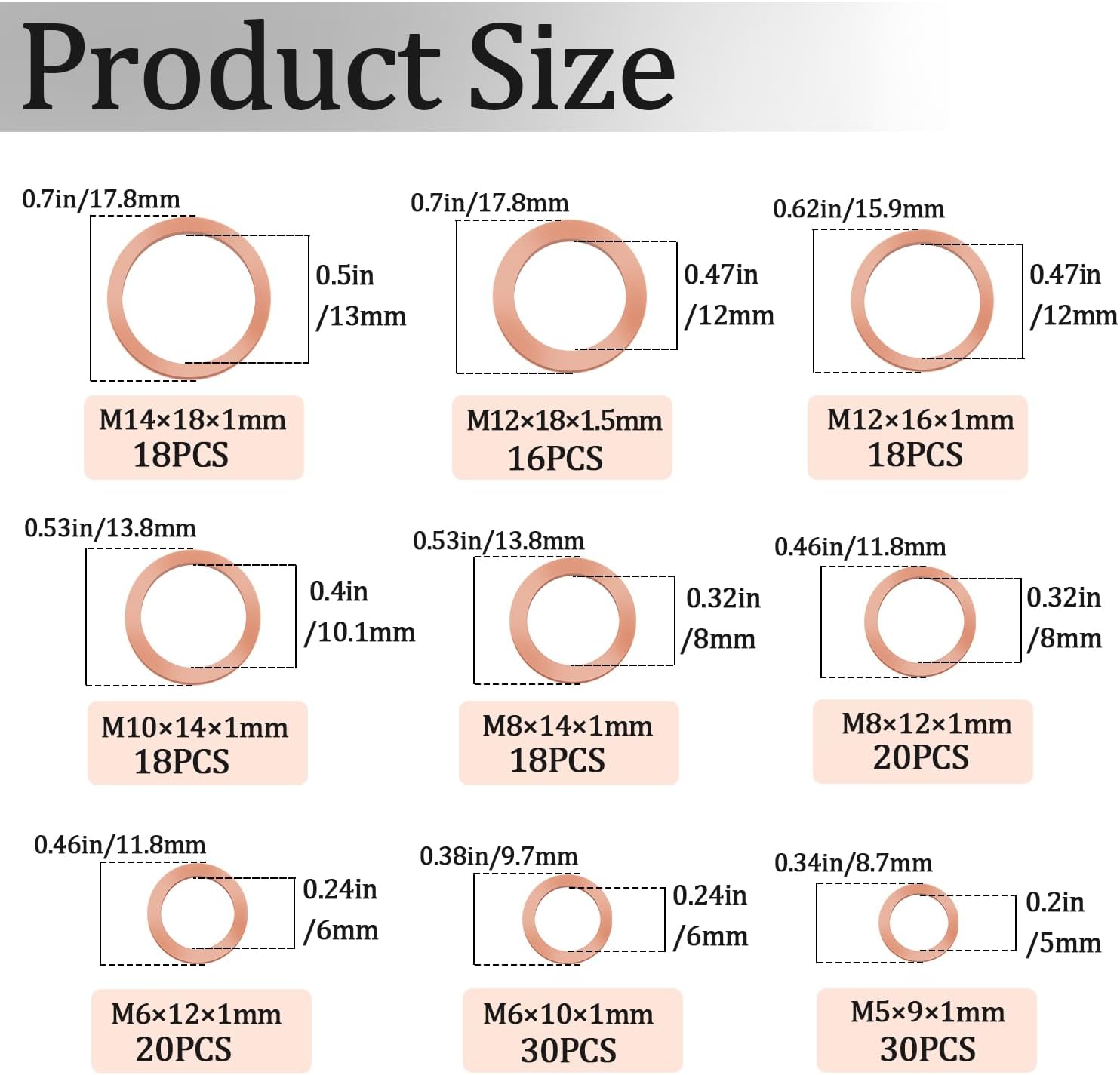 9 Sizes Metric Copper Crush Washers Assortment Kit Crush Washer Oil Drain Plug Crush Washer Assortment M5 M6 M8 M10 M12 M14