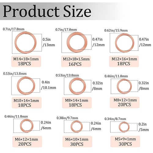 Miniatura 2 de maierke Kit surtido de arandelas métricas de cobre triturador de 9 tamaños, arandela trituradora, tapón de drenaje de aceite, surtido de arandelas
