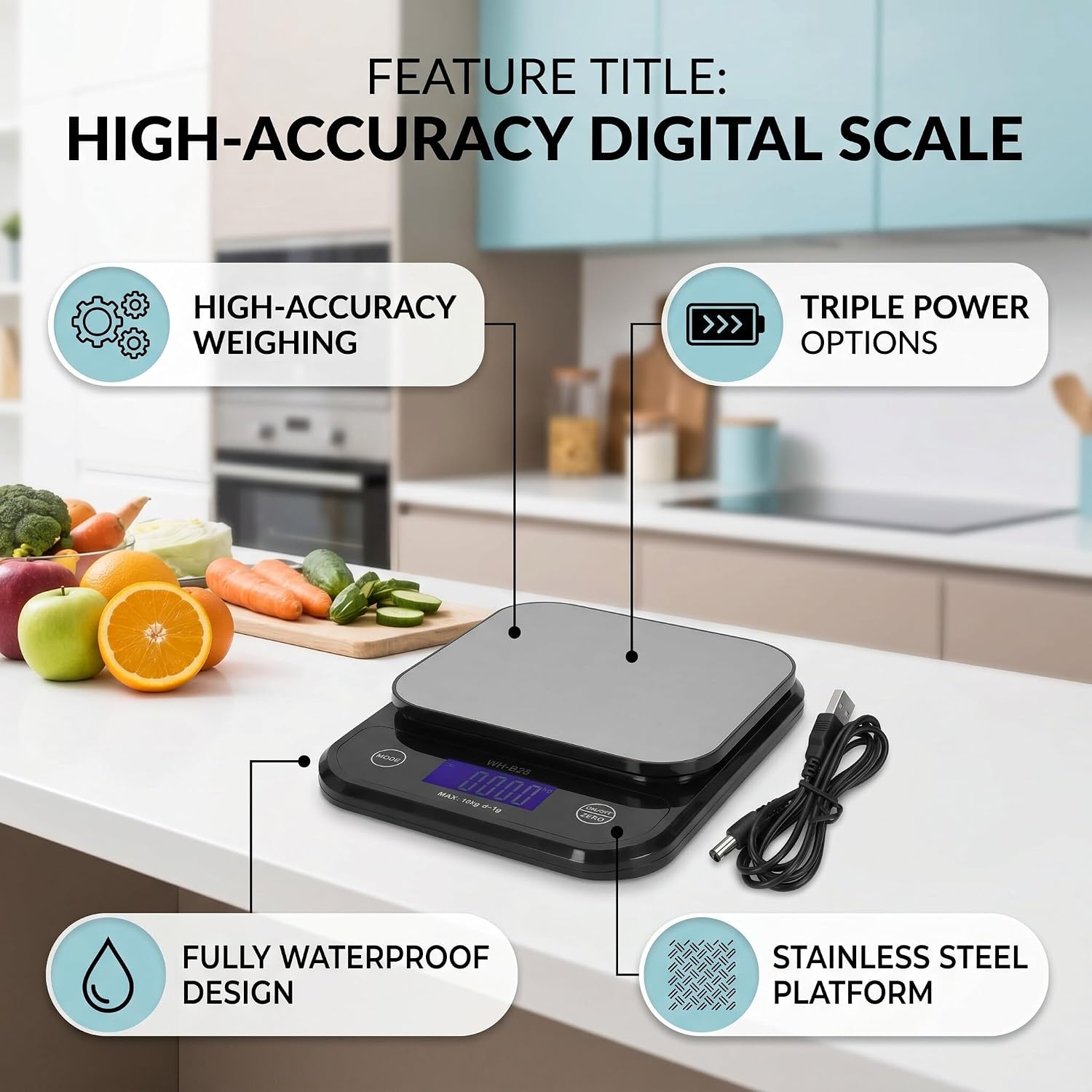 Garosa Wh-B28 10Kg/1g Digital Kitchen Scale Precision Food Scale Stainless Steel Grams and Ounces LCD Electronic Weighing Scale Multipurpose Cooking Baking Measurement Tool for Ingredients