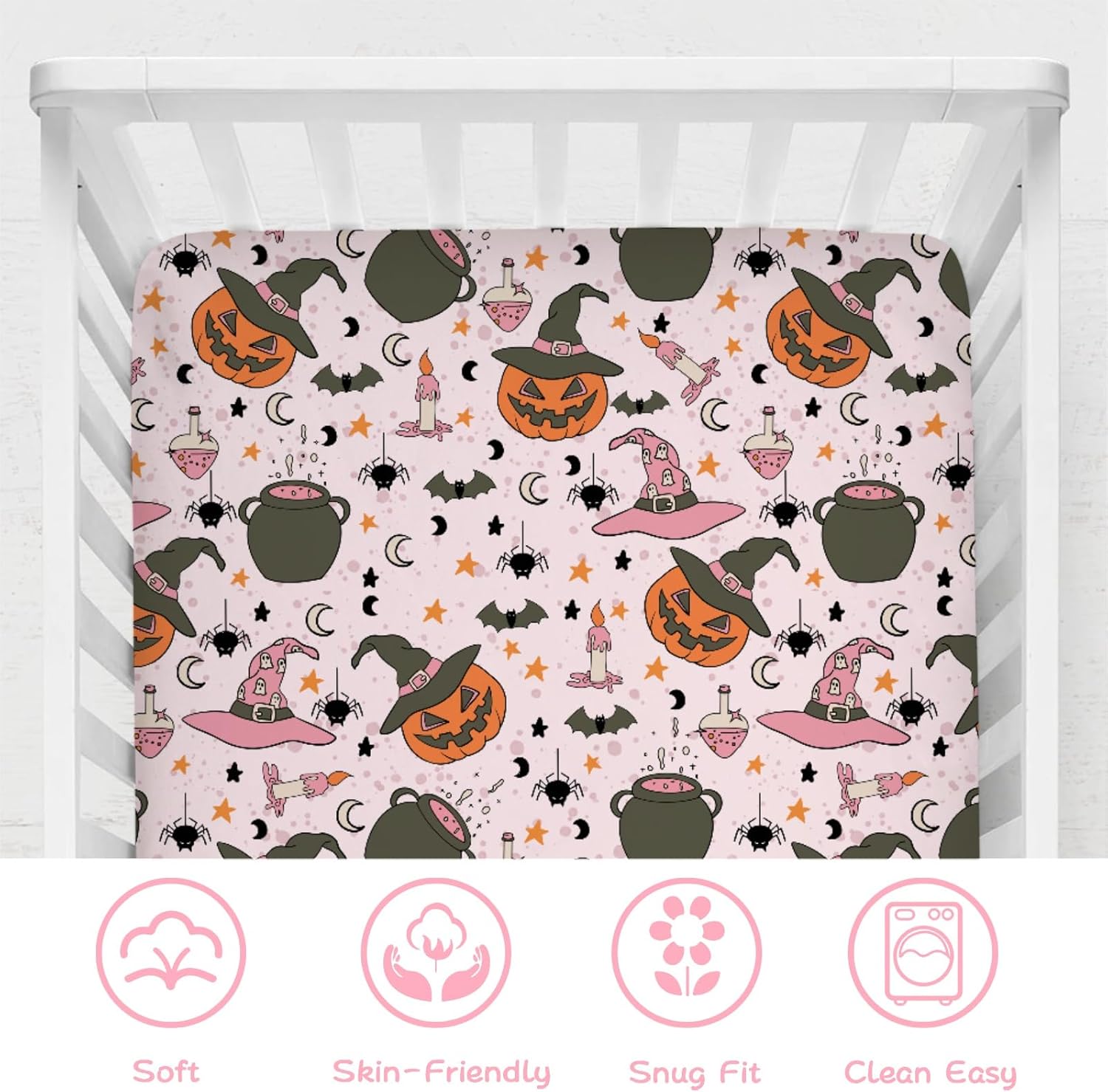Pink Spooky Pumpkin Witch Baby Crib Sheets 52''x28'' Halloween Witch Hats Bats Moon Stars Stretchy Fitted Crib Mattress Cover for Girl Soft Baby Bed Sheet for Standard Crib and Toddler Mattress