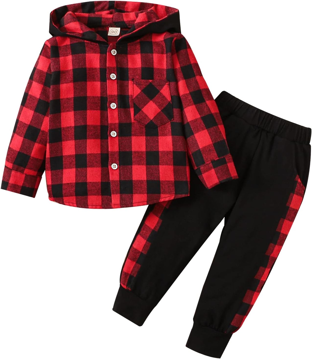 ODIMAME Toddler Boy Clothes Fall Winter Outfits Plaid Pocket Hoodie Sweatshirt + Long Sleeve Pants Set 12 Months-6 Years Old