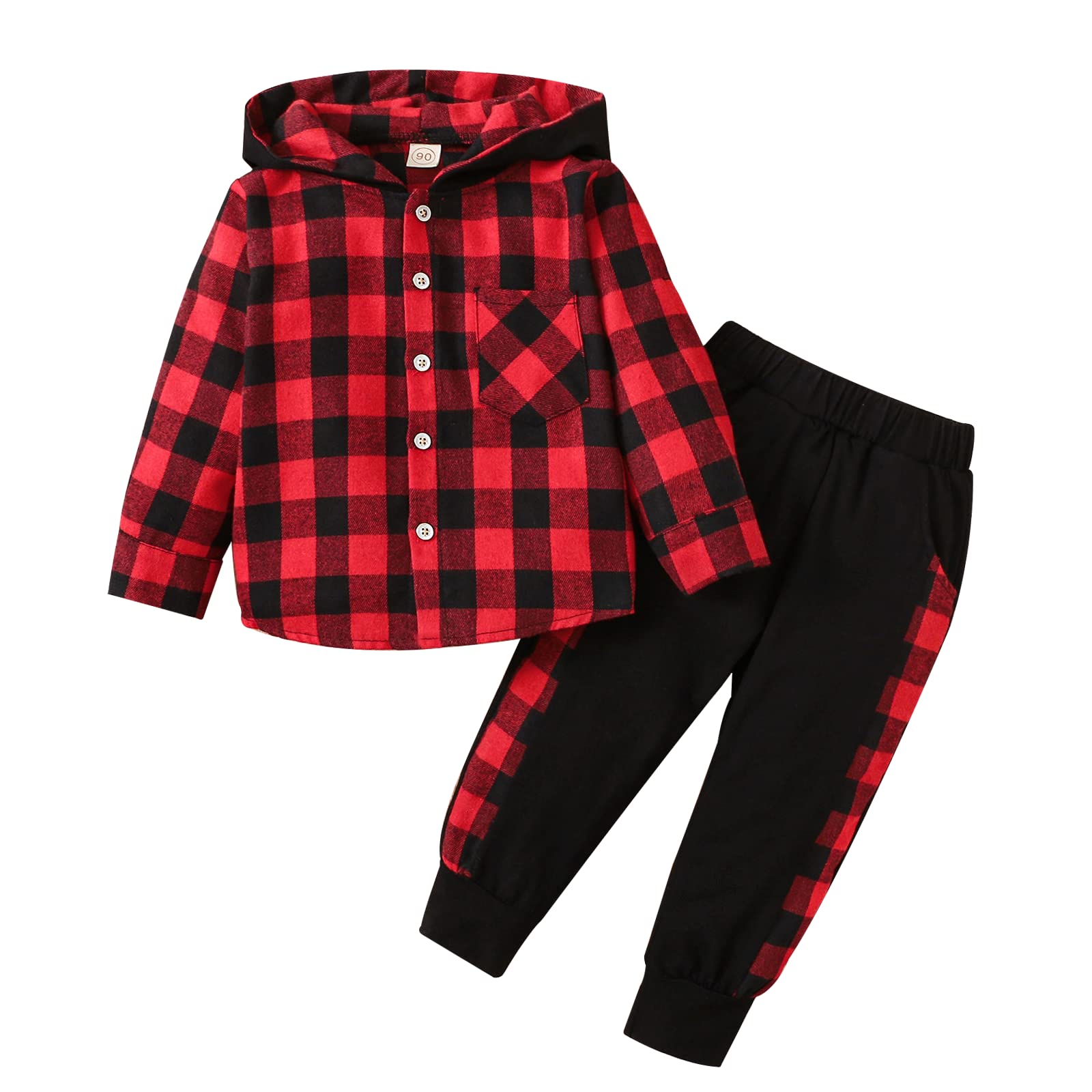 ODIMAME Toddler Boy Clothes Fall Winter Outfits Plaid Pocket Hoodie Sweatshirt + Long Sleeve Pants Set 12 Months-6 Years Old