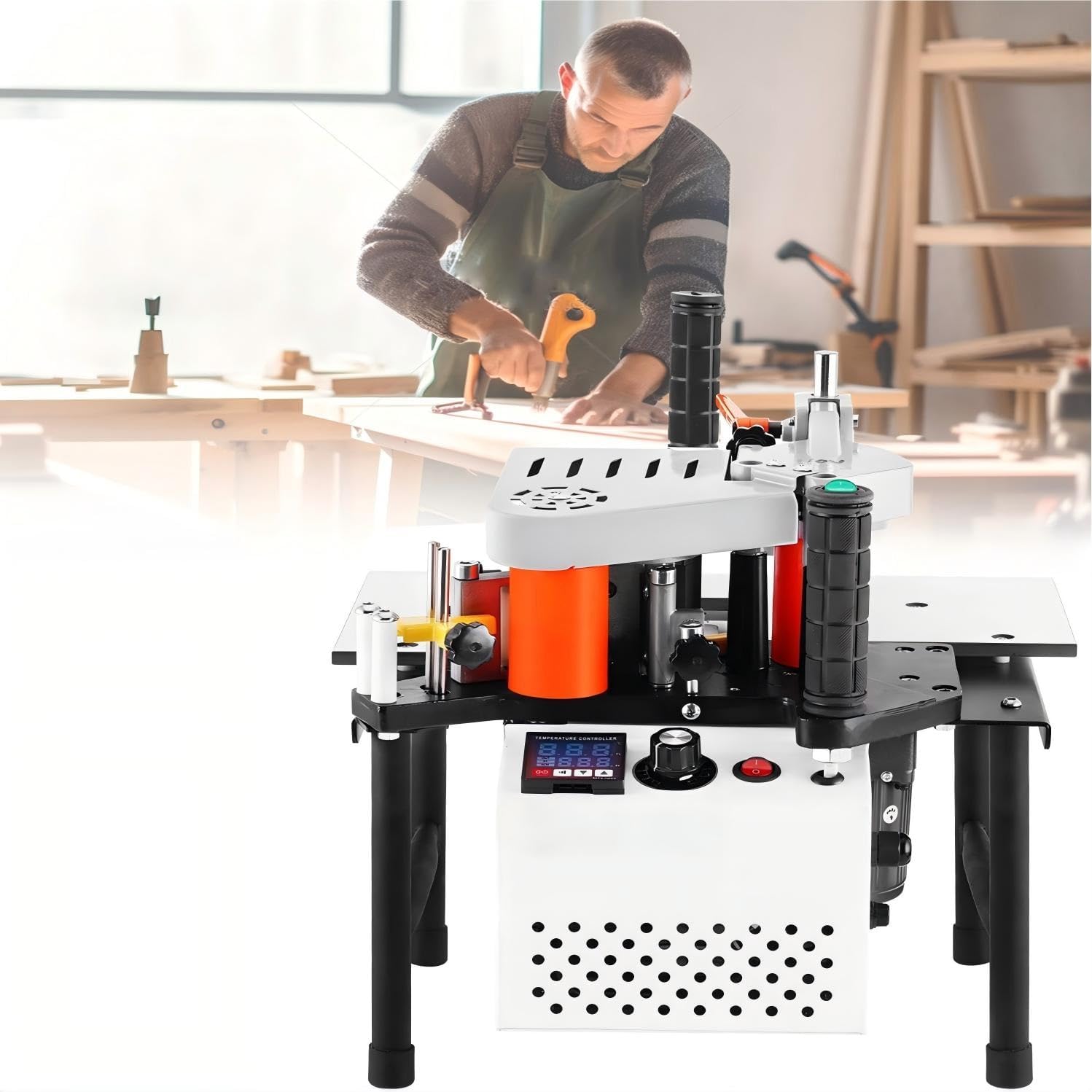 Machine de menuiserie pour le travail du bois, courbe et droite, contrôle de la vitesse 5-10 m/min, collage double face pour 10-60 mm de largeur, 0,3-3 mm d'épaisseur