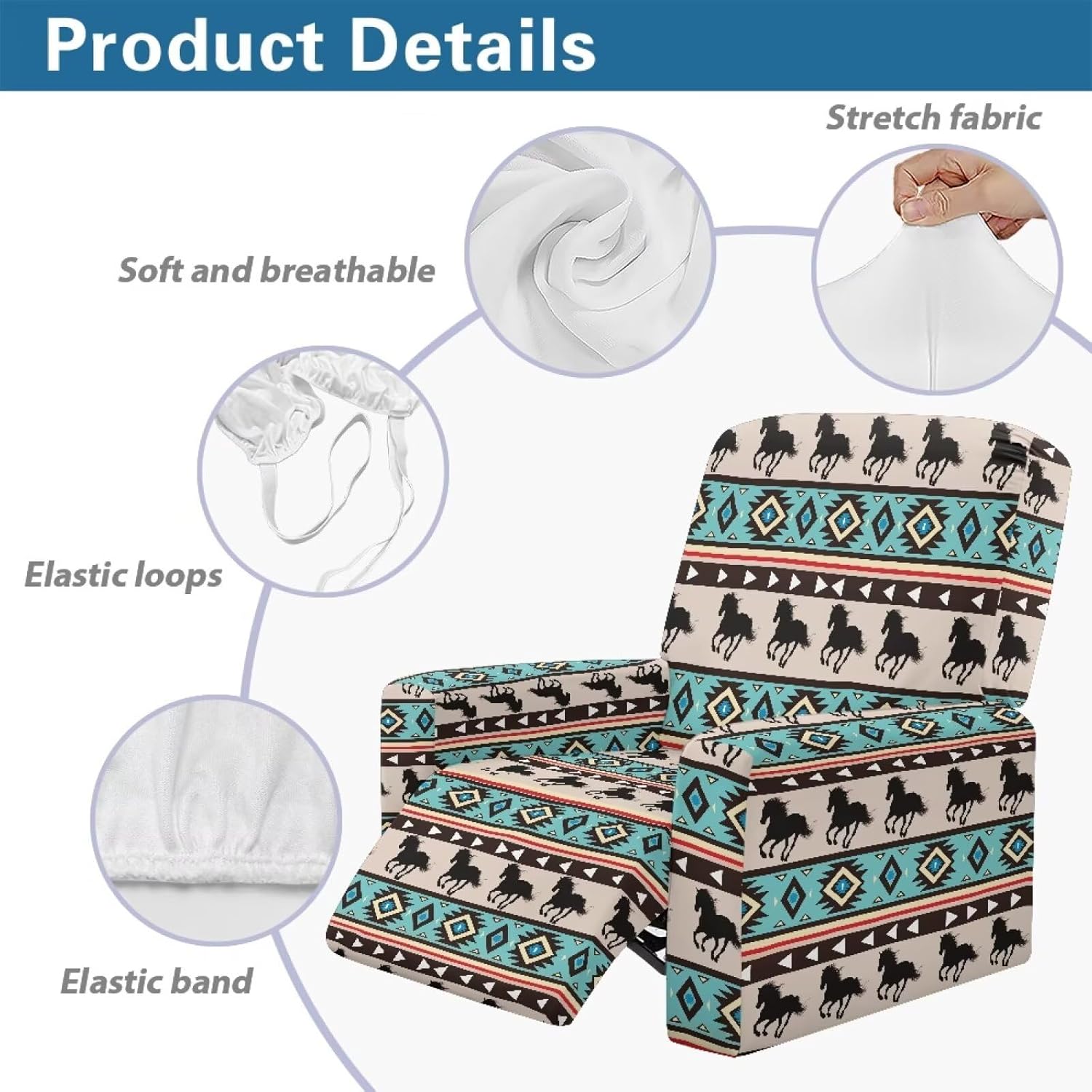 Aztec Tribe Stripe Recliner Slipcovers Cover Native Southwestern Tribal Horse Stretch Lazy Boy Recliner Chair Cover Stay in Place Couch Slipcovers with Pockets