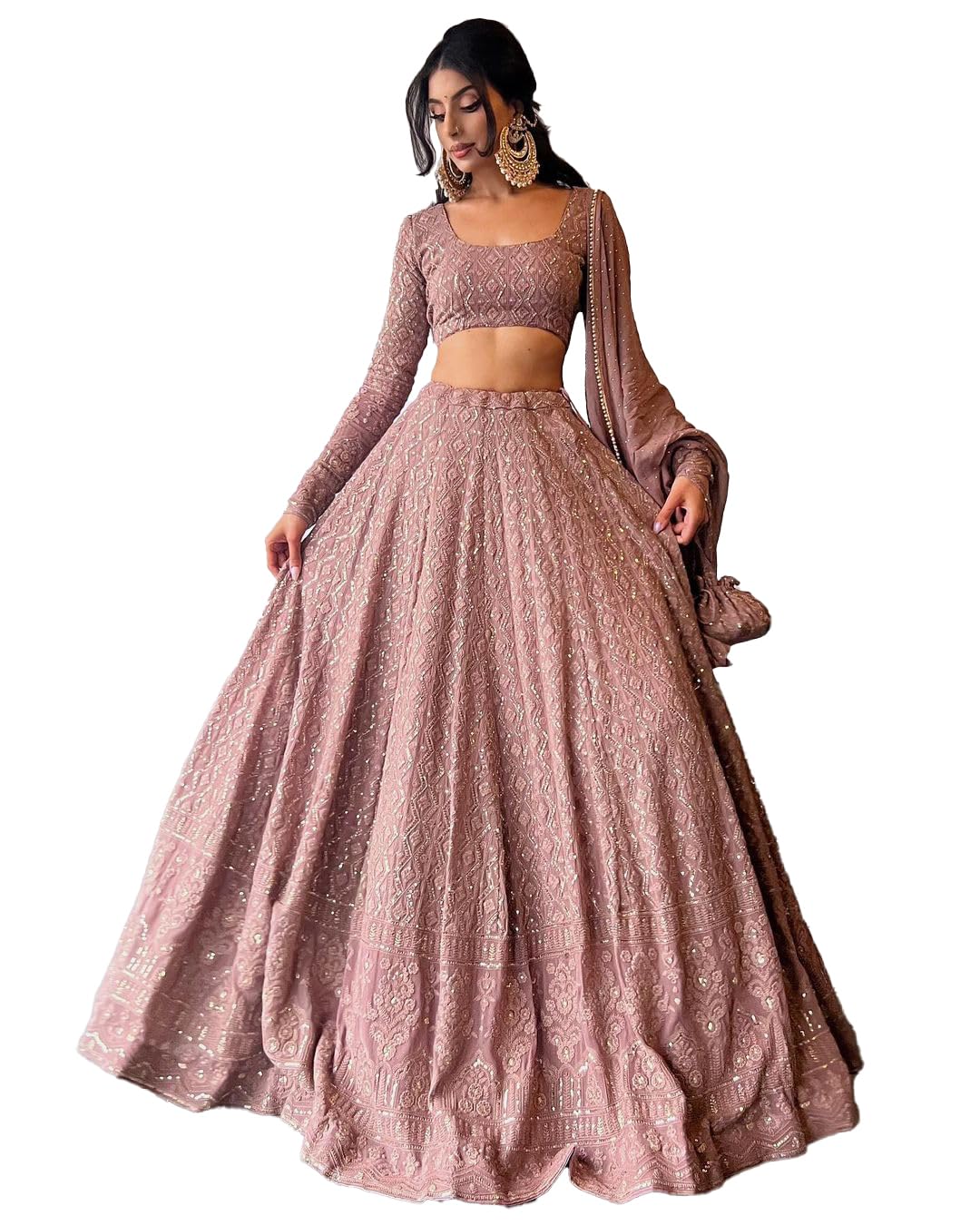 Georgette Sequence Lucknowi Embroidery Work Semi sttiched Lehenga choli set for women