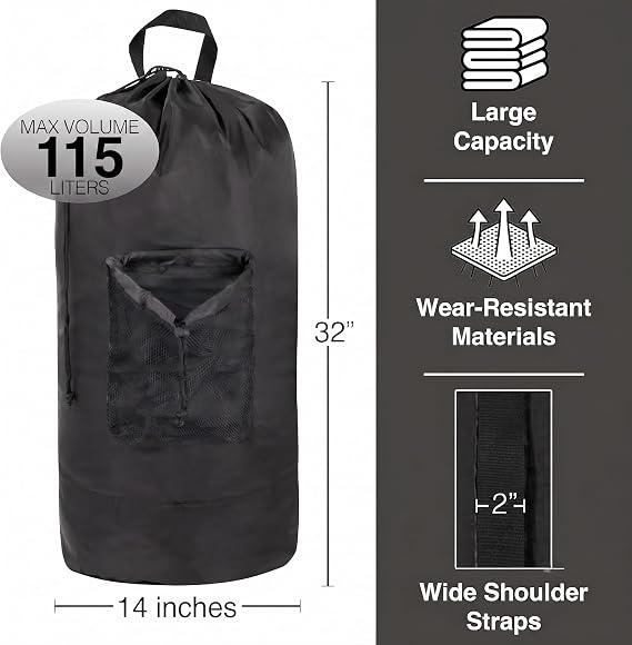 Trailmaker Laundry Bag Backpack for College Dorm, 115L Washable Laundry Hamper Bag, 32 x 14 Inch with Shoulder Straps, Mesh Pocket, Drawstring Closure for Apartment, Laundromat, Travel (Black)